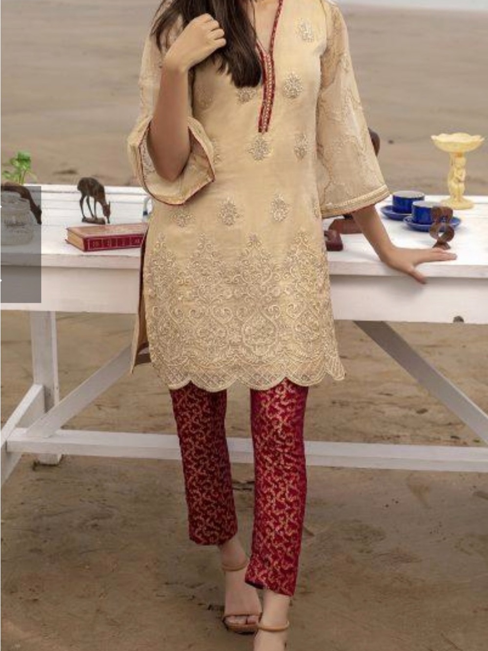 Embroidered Cream Tunic with Red Patterned Pants